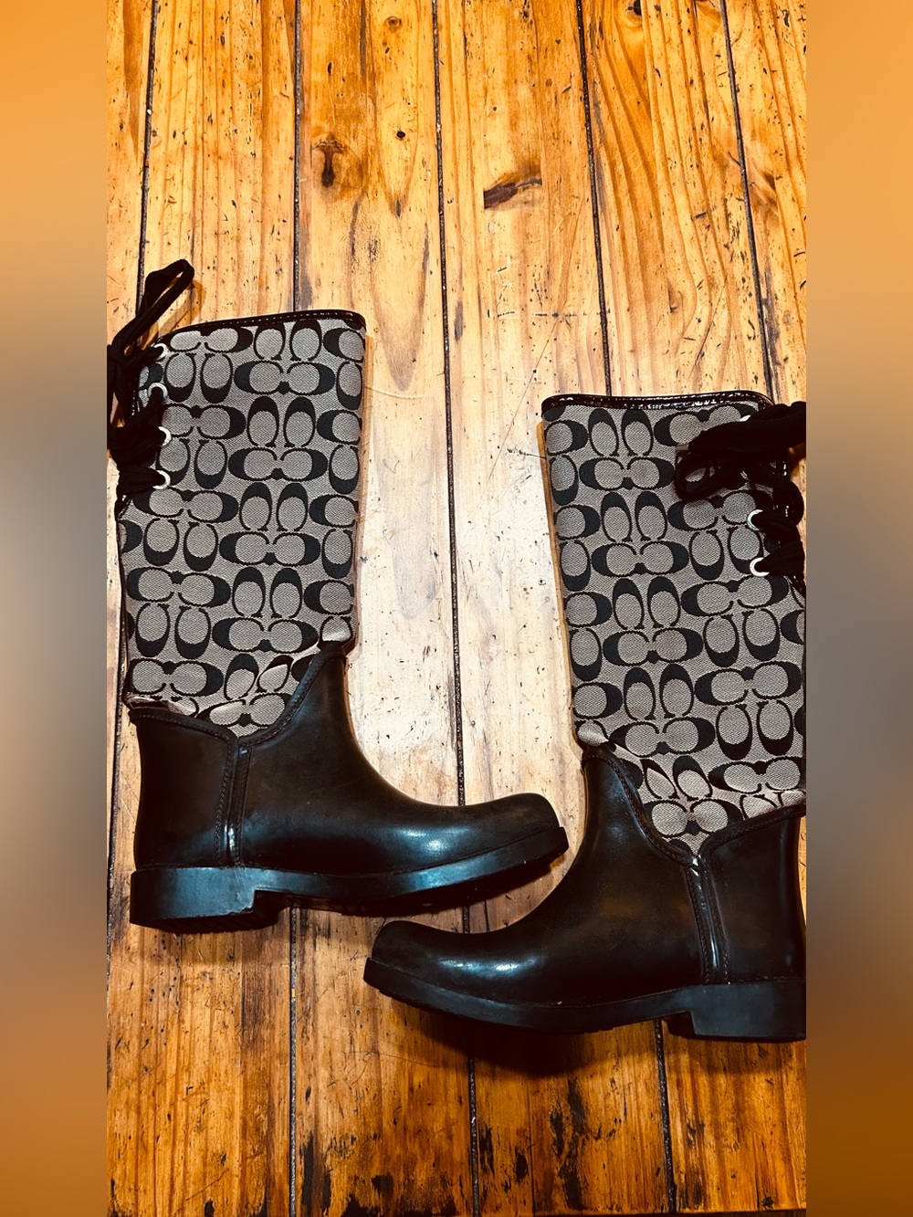 Coach Black & Signature Tristee Canvas Mid-Calf Lace-Up Rain Boots